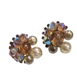 Alice Caviness Vintage Aurora Borealis Crystal Faux Pearl Clip On Earrings Gold